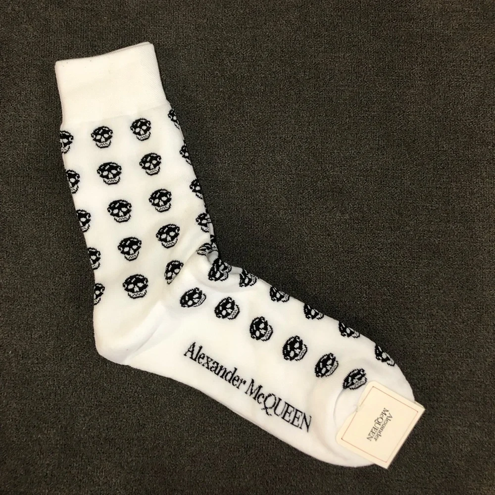 Alexander McQueen White Socks with Black Skull Pattern